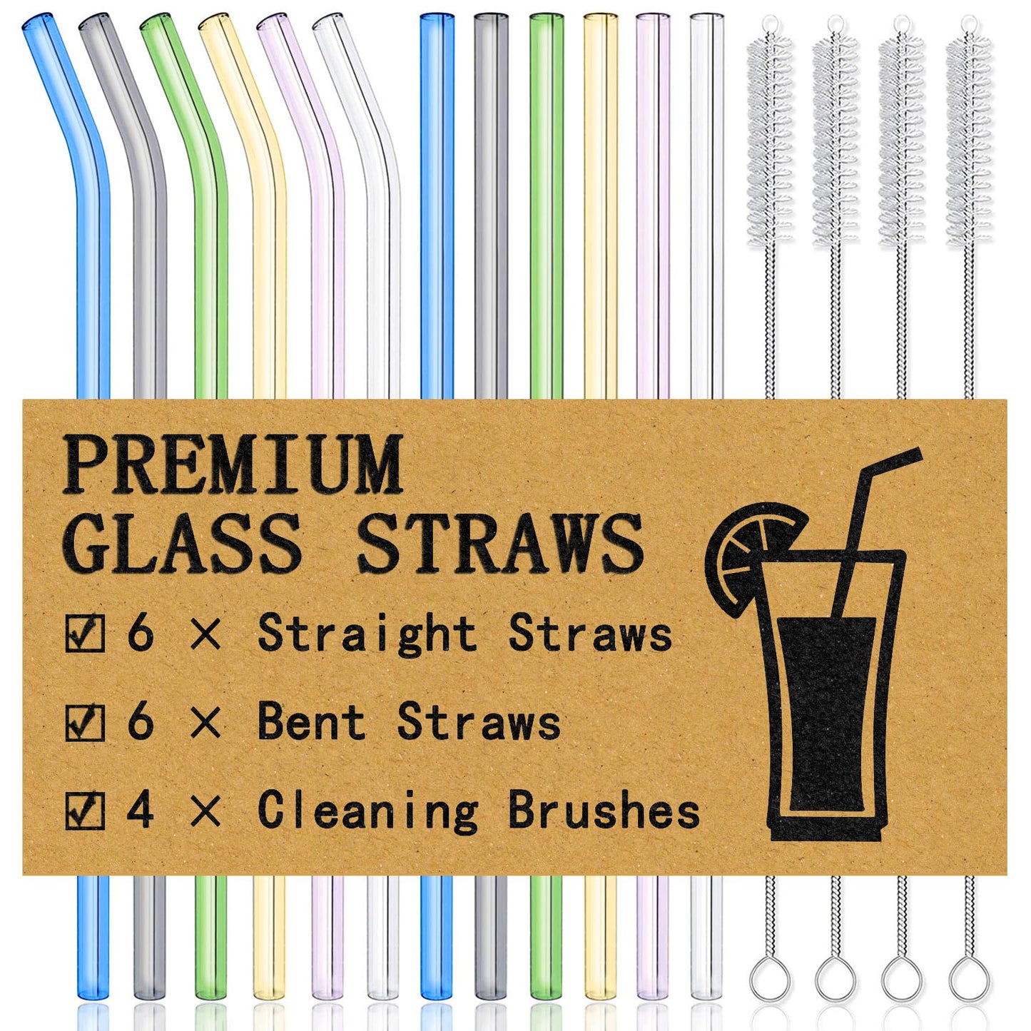 Piteno® 16-Pack Reusable Glass Drinking Straws, 8.5''x10MM, Set of 6 Straight and 6 Bent with 4 Cleaning Brushes, Perfect for Smoothies, Milkshakes, Juice, Tea (Rainbow)