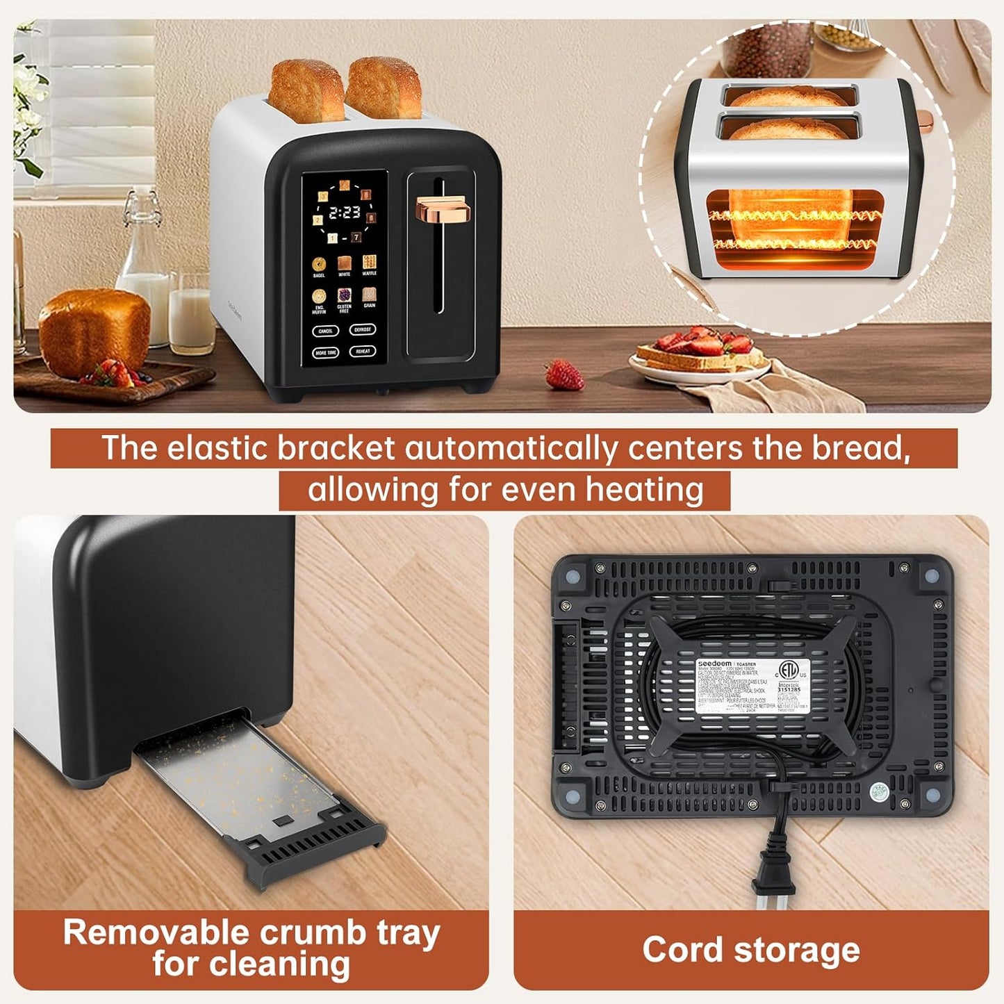 SEEDEEM 2-Slice Toaster - Touch Screen, Fast Heating, 7 Shade Settings, 1.5" Wide Slots, Dark Chocolate