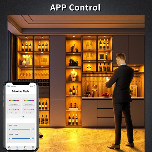 BASON LIGHTING RGB Under Cabinet Lighting, Halloween Decoration Lights, Bluetooth APP Control LED Puck Lights, Dimmable, Adapter Powered Shelf Decorative for Kitchen, Counter, Glass Cabinets