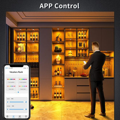 BASON LIGHTING RGB Under Cabinet Lighting, Halloween Decoration Lights, Bluetooth APP Control LED Puck Lights, Dimmable, Adapter Powered Shelf Decorative for Kitchen, Counter, Glass Cabinets