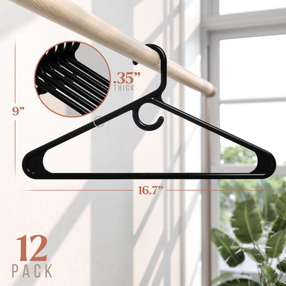 Neaterize Heavy Duty Black Plastic Clothes Hangers - 12 Pack for Coats, Jackets & Suits | Essential Closet Organizer