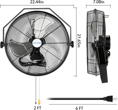 BILT HARD Industrial Wall Mount Fan - 4300 CFM High Velocity, 3-Speed Metal Fan for Garage & Warehouse