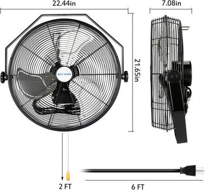 BILT HARD Industrial Wall Mount Fan - 4300 CFM High Velocity, 3-Speed Metal Fan for Garage & Warehouse