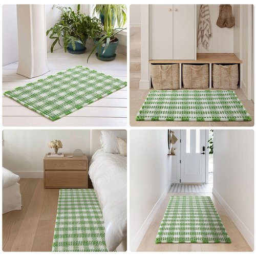 TYUU Waffle Bath Mat, Boho Bathroom Rugs Non Slip Washable Absorbent Checkered Bathroom Mat Quick Dry Cute Bath Mat, 48"x24" Green and White