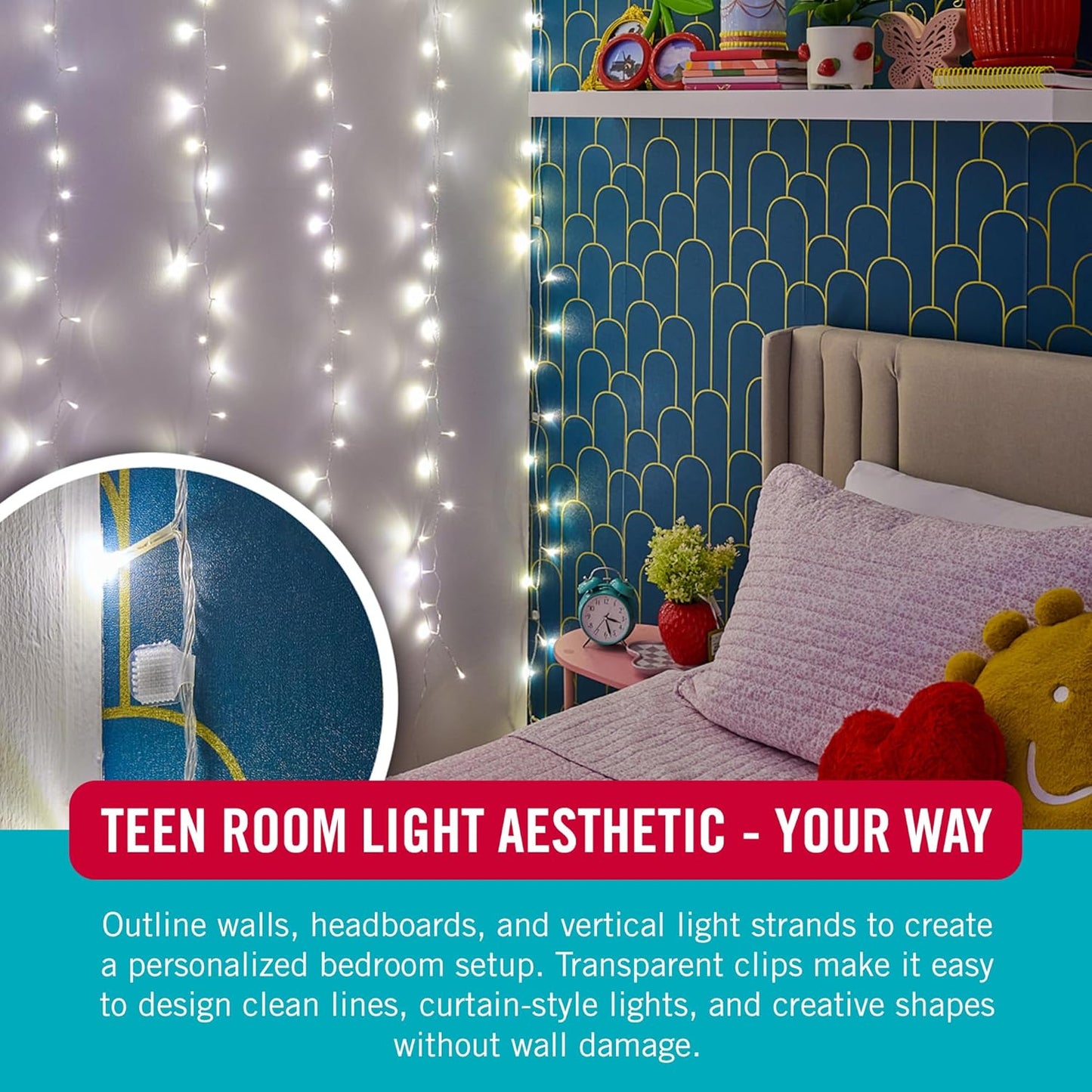 VELCRO Brand Indoor Light Clips - Damage-Free String Light Holders, Transparent, 48 Pack, Up to 100 ft
