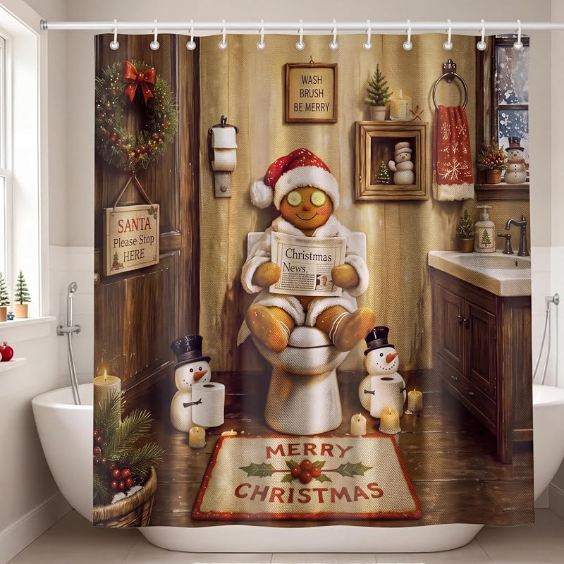 Irenare Toilet Relax Gingerbread Shower Curtain Set with 12 Hooks - 72 x 72 Inches