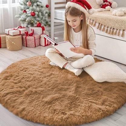 OLANLY Khaki Round Rugs for Bedroom - Machine Washable, 4 ft Circle Area Rugs for Living Room, Soft and Fluffy Shaggy Carpet for Teen Girl and Boys, Nursery Rooms, Dorms, Home Decor Aesthetic