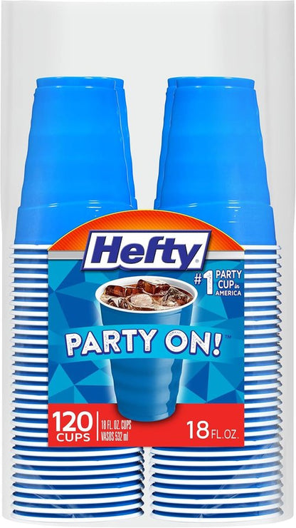Hefty Party On Disposable Plastic Cups - Marine Blue, 18 Ounce, 120 Count for Easy Cleanup