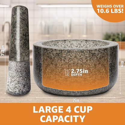 Heavy Duty Large Mortar and Pestle Set,100% Granite, Non Slip Base, Make Fresh Guacamole, Salsa, Pesto, Stone Grinder Bowl, Herb Crusher, Spice Grinder, 4 Cup, Black