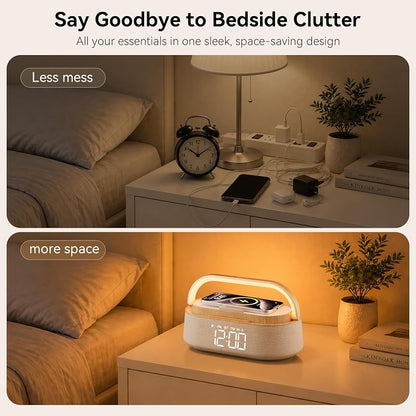 Wood Variation 6-in-1 Alarm Clock with Bluetooth Speaker, Wireless Charger, FM Radio, Night Light