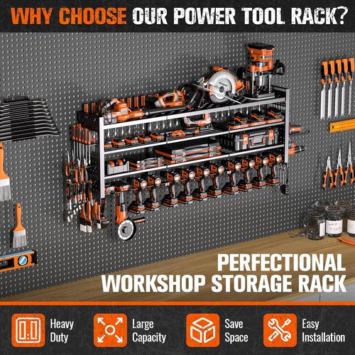 Heavy Duty Tool Organizer by 49.8" W - Wall Mount with 14 Cordless Drill Holders | 4-Layer Garage Storage Rack in Black