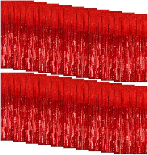Foil Curtain Backdrop - 20 Pack Red Metallic Tinsel Fringe Curtains for Party & Event Decor