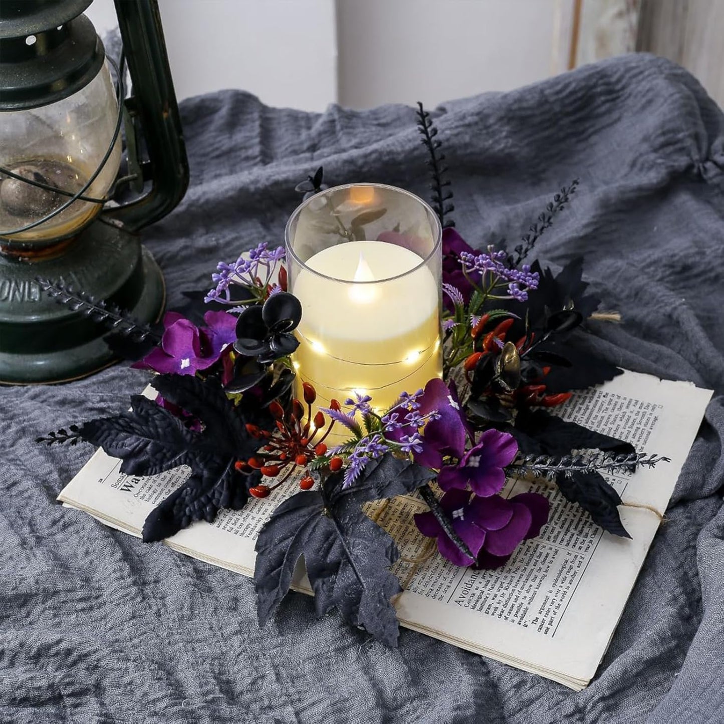 Purple Pansy Halloween Maple Leaf Candle Rings - Gothic Artificial Wreath for Table Centerpieces
