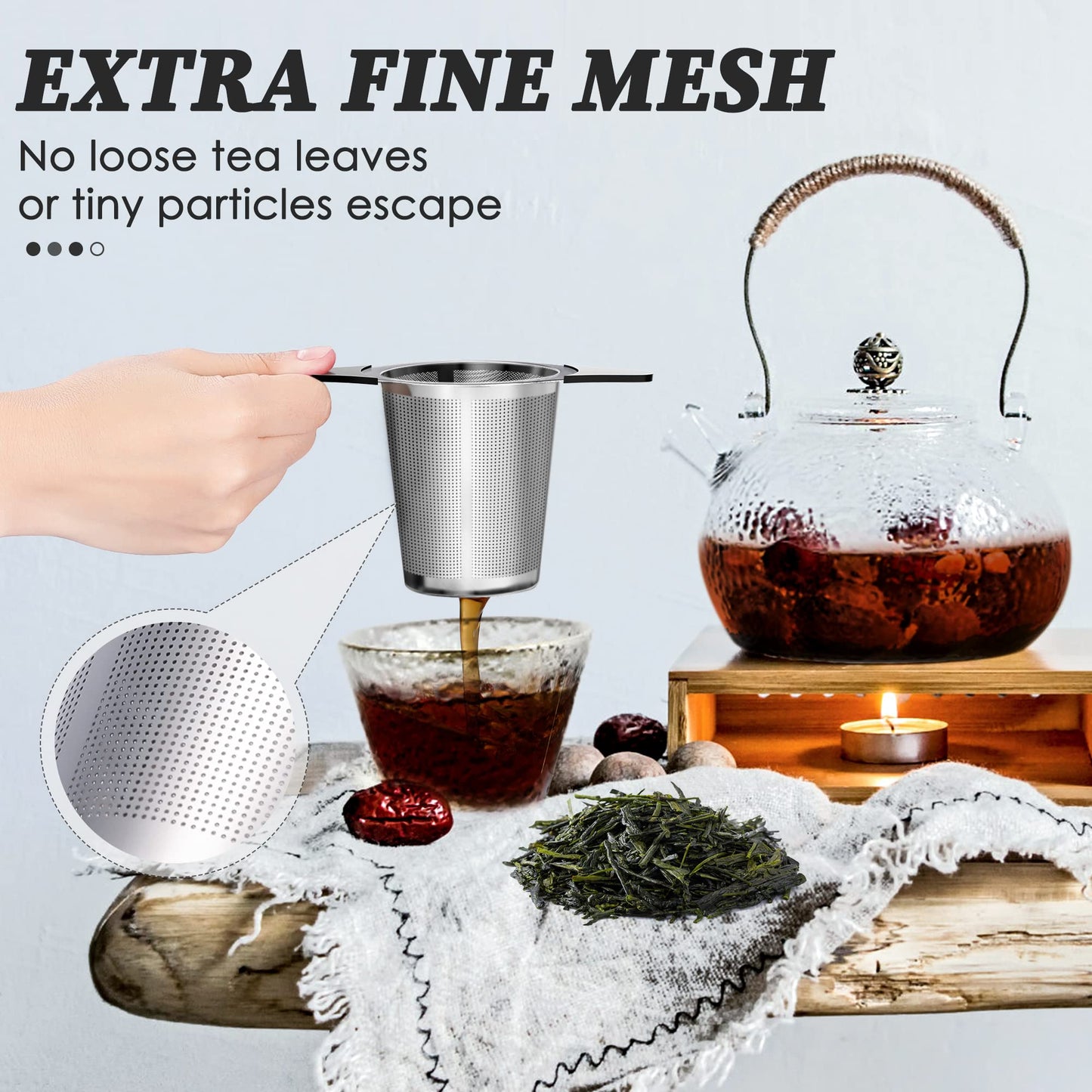 Yoassi Upgraded Tea Infusers for Loose Tea, Silicone Covered Extra Fine Mesh 18/8 Stainless Steel Tea Strainer with Large Capacity & Double Handles to Steep Loose Leaf Tea and Coffee 2 Pack