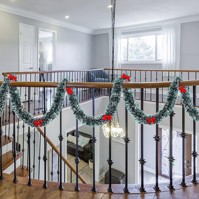 150ft Christmas Tinsel Garland with 114 Red Bows - Dark Green, Variation: Dark Green+114+150ft