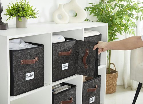 DECOMOMO Storage Bins - Fabric Cube Storage Bins with Labels | 10.5" x 11" | 6pcs, Black Pattern