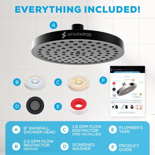 SparkPod Shower Head - High Pressure Rain - Premium Quality Luxury Design - Easy Clean Adjustable Replacement for Your Bathroom Shower Heads (Midnight Black Matte, 8 Inch Round)