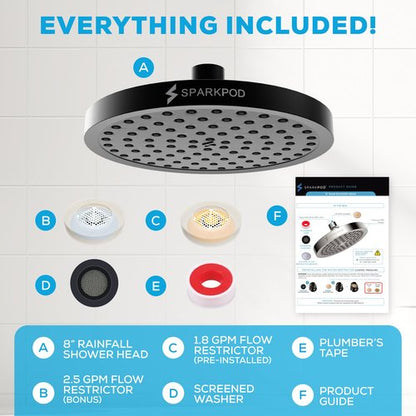 SparkPod Shower Head - High Pressure Rain - Premium Quality Luxury Design - Easy Clean Adjustable Replacement for Your Bathroom Shower Heads (Midnight Black Matte, 8 Inch Round)