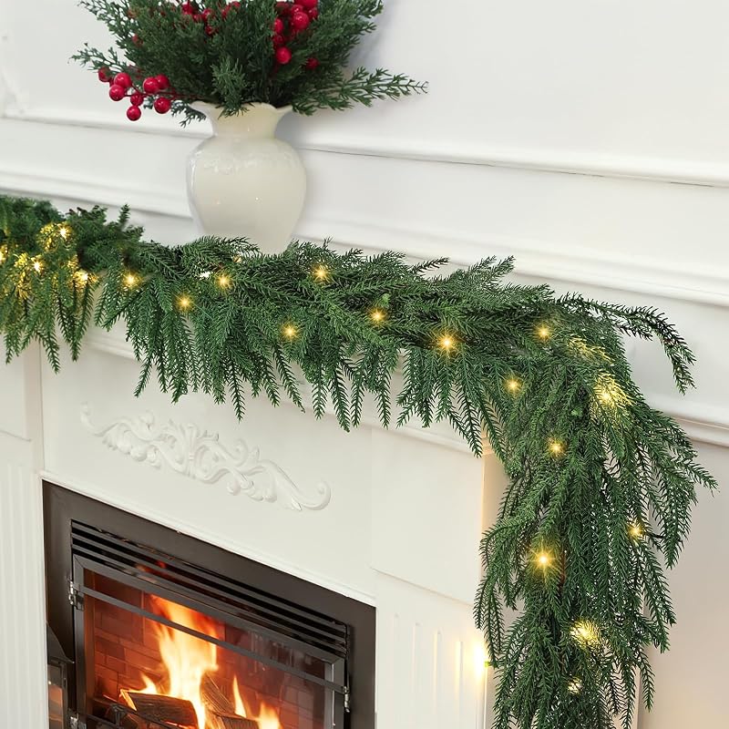 6ft Norfolk Pine Garlands with Light - Pre-Lit Dense Real Touch Indoor/Outdoor Christmas Garland - Variation: 1+6ft