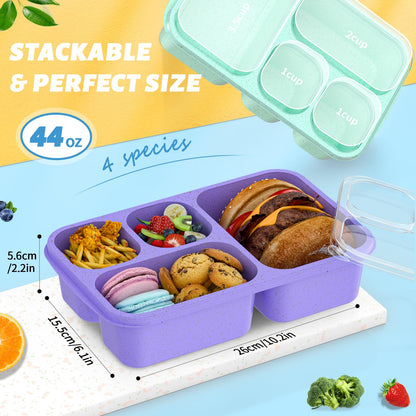 Bento Box for Adults and Snack Containers Set of 4 - Stackable, with 4 Compartments, Microwave & Dishwasher Safe, BPA Free - Reusable Meal Prep Containers for Kids and Adults (4 Colors)