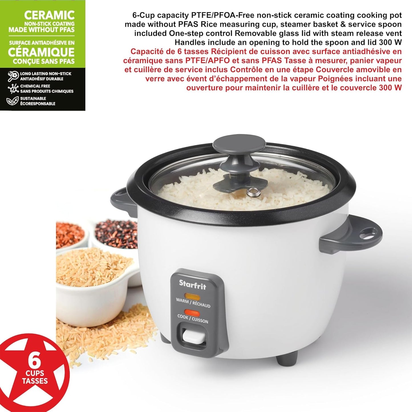 Starfrit Electric Rice Cooker - 6-Cup Capacity | Includes Steamer Basket & Measuring Cup - 300W Power