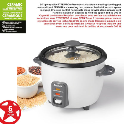 Starfrit Electric Rice Cooker - 6-Cup Capacity | Includes Steamer Basket & Measuring Cup - 300W Power