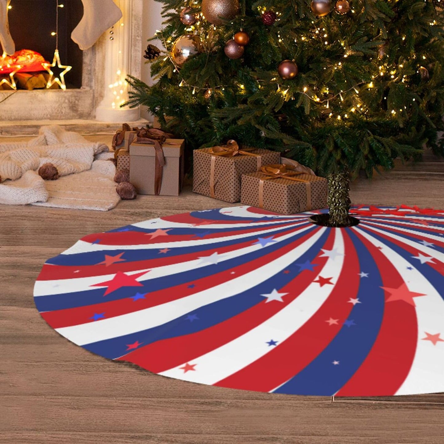 Patriotic Pinwheel Star Flag Christmas 36 Inch Christmas Tree Skirt Carpet Mat Funny Party Soft Cover Mat Decor Supplies for Xmas Halloween Decorations Occasion Farmhouse