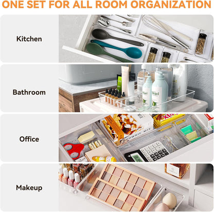 Skiennix Clear Plastic Drawer Organizer Trays - 6 Pack Non-Slip Storage Bins for Kitchen, Makeup & Office