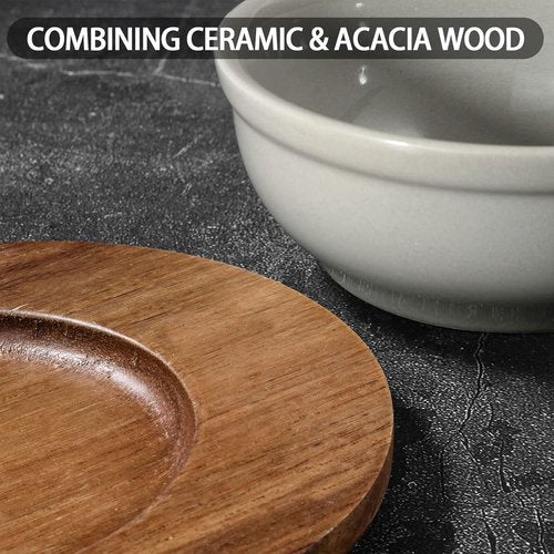 Artena Ceramic Chip and Dip Serving Set - 12 oz with Acacia Tray & 5-inch Grey Bowls for Appetizers