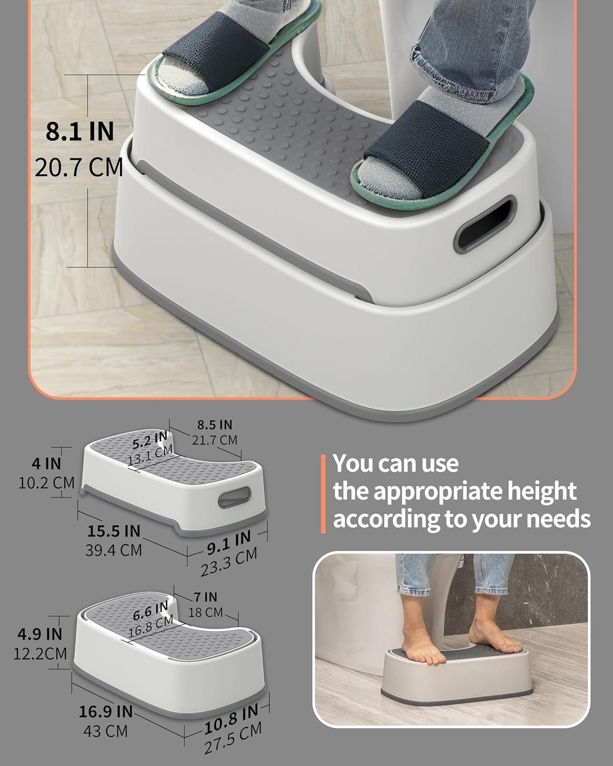 MR.SIGA Toilet Stool - Heavy Duty Squat Step for Adults & Kids | Anti-Slip Design in Off-White & Dark Gray
