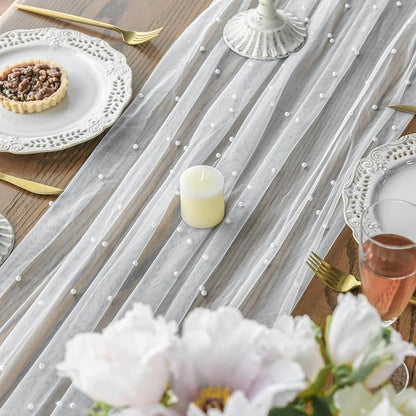 Pearl White 3-Pack 28 x 120 Inch Gauze Table Runner - 10ft, Artoid Mode