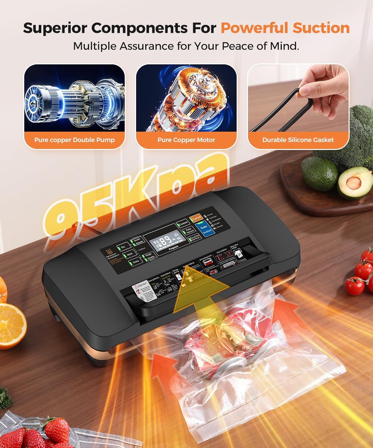Vacuum Sealer Machine - 95kpa Commercial Food Sealer with Double Heat Seal | Easy-Lock Handle & Built-in Cutter (Black)
