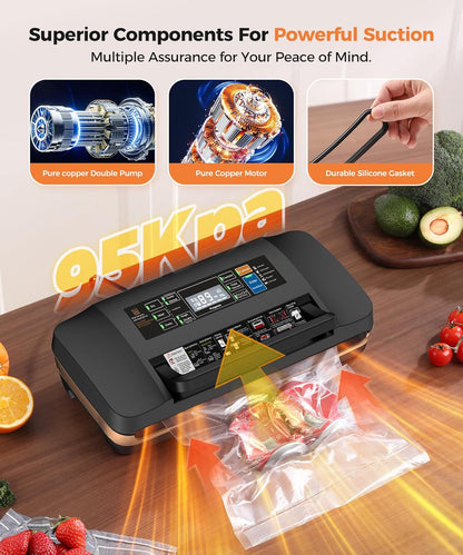 Vacuum Sealer Machine - 95kpa Commercial Food Sealer with Double Heat Seal | Easy-Lock Handle & Built-in Cutter (Black)
