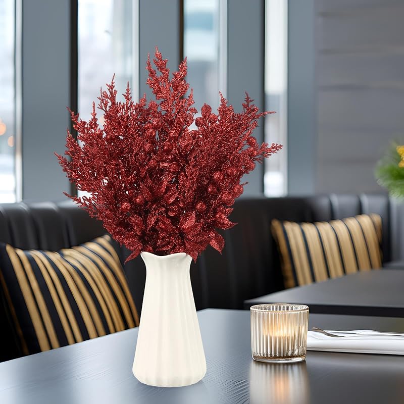 12 Pcs Glitter Christmas Picks Decoration Spray Pine - Burgundy (Variation: Burgundy)