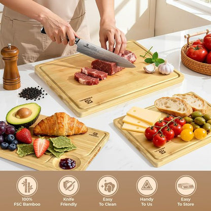 Bamboo Cutting Boards Set of 4 - Non-Slip Charcuterie & Chopping Boards with Holder | Ideal Gift