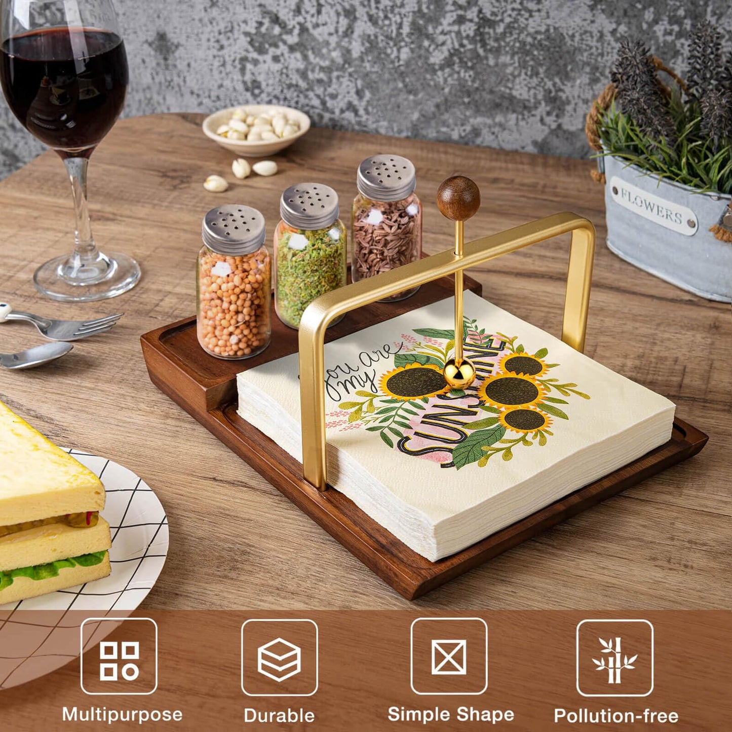 Wooden Napkin Holder with Salt and Pepper Shaker Holder, Two-in-one storage for napkins and seasoning bottles, Malfunction Salt Pepper Storage Holder and Napkin Caddy for Kitchen, Restaurant