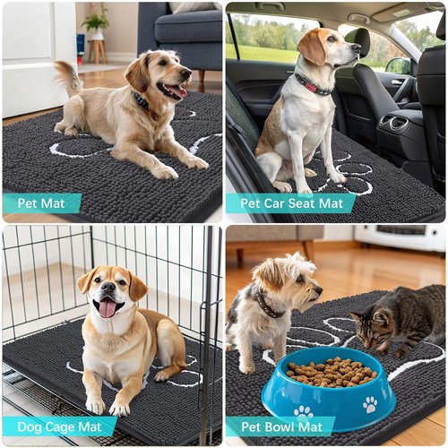 OLANLY Dog Door Mat for Muddy Paws 59x20, Paw Print Design, Absorbs Moisture and Dirt, Absorbent Non-Slip Washable Doormat, Quick Dry Chenille Mud Mat for Dogs, Entry Indoor Entryway Carpet, Dark Grey
