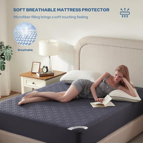 BEDLORE Waterproof Mattress Protector - Twin Size Deep Pocket Pad (6"-15" Depth) | Soft Breathable Cover in Navy Blue