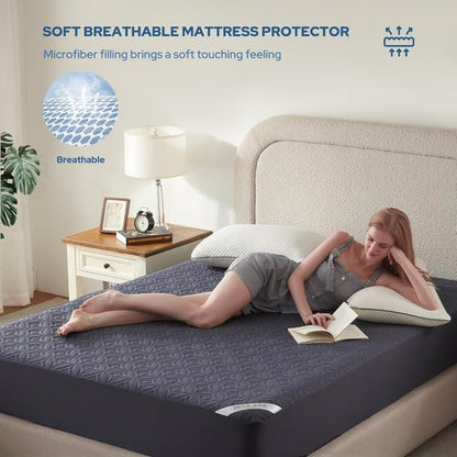 BEDLORE Waterproof Mattress Protector - Twin Size Deep Pocket Pad (6"-15" Depth) | Soft Breathable Cover in Navy Blue