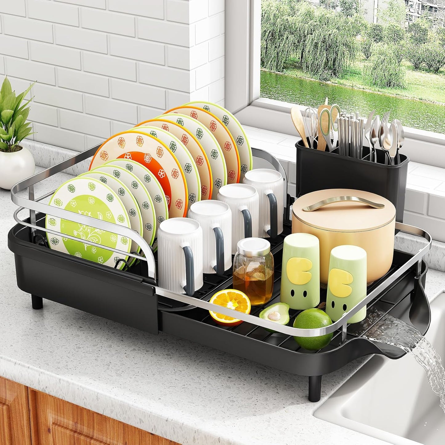 SAYZH Dish Drying Rack - Expandable Rust-Resistant Kitchen Organizer with Utensil Holder | Black