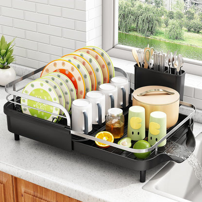 SAYZH Dish Drying Rack - Expandable Rust-Resistant Kitchen Organizer with Utensil Holder | Black