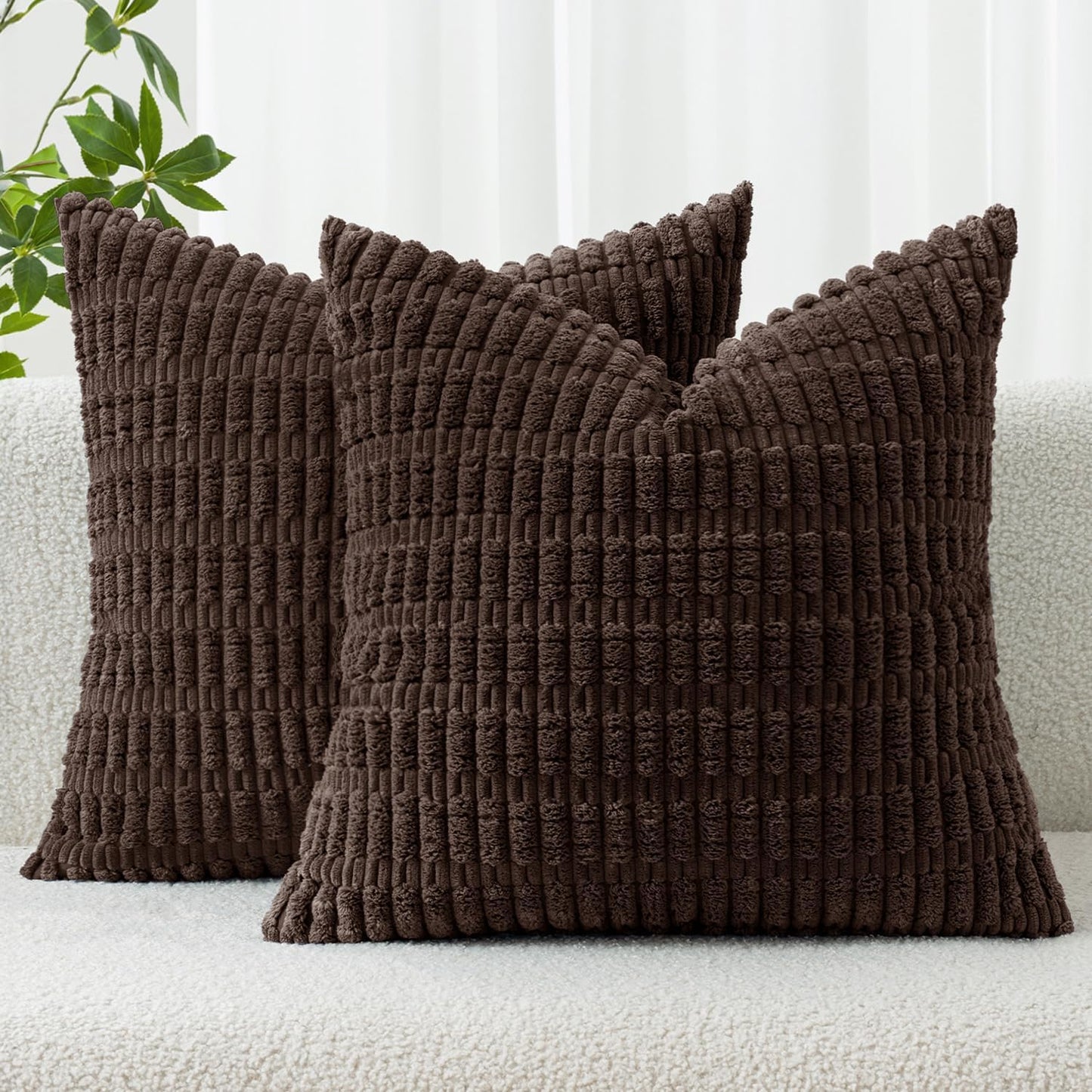MIULEE Decorative Throw Pillow Covers - Soft Corduroy Boho Striped Design | 16x16 Inch, Dark Brown, Set of 2