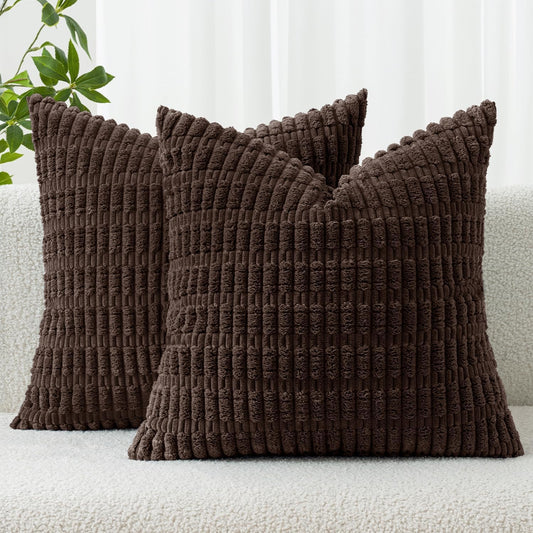 MIULEE Corduroy Throw Pillow Covers - Soft Boho Striped Design | 18x18 Inch Dark Brown Decor for Sofa & Bed