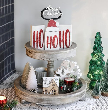 Ho Wood Christmas Blocks - Festive Wooden Tabletop Signs for Holiday Decor | 4 Pieces (White)