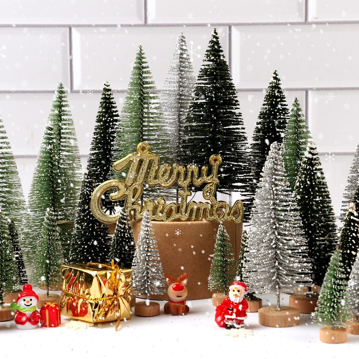 Skiennix Mini Christmas Trees - 30Pcs Artificial Bottle Brush Trees with Wooden Base for Festive Decor