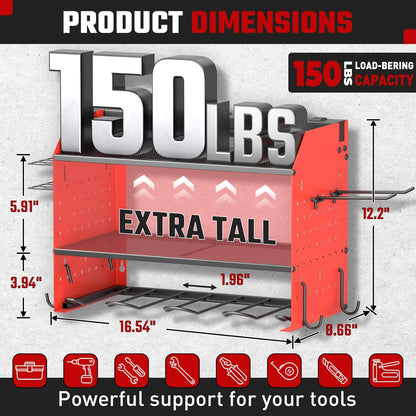 ZESEN Power Tool Organizer - Heavy-Duty 3-Layer Wall Mount Shelf with Charging Station & Hooks | Red