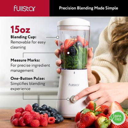 Fullstar Portable Blender - 15 oz Mini Smoothie Maker with Sipper Lid | Compact Travel Blender for Home & Office (White)