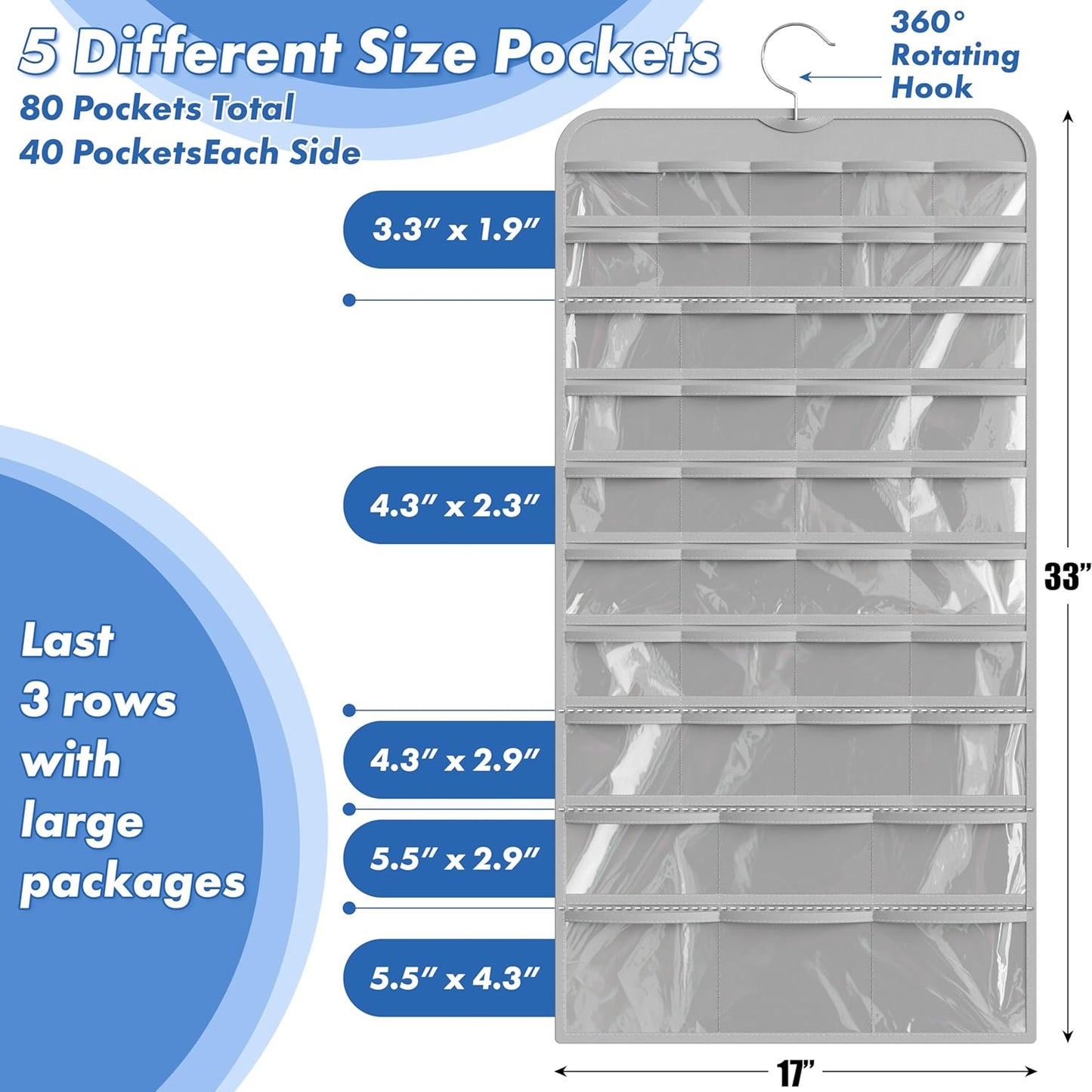 Simple Houseware Jewelry Organizer - 80-Pocket Storage Solution for All Accessories | Gray