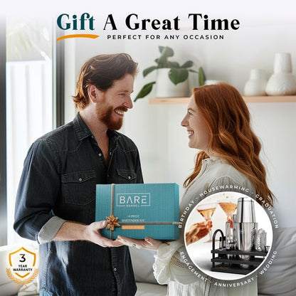 BARE BARREL® Mixology Bartender Kit Bar Set | 14-Piece Cocktail Shaker Set | Martini Barware Mixing Tools for Home Bartending | 35 Recipe Cards | Gift Set (28oz Boston Shaker, Silver/Black)