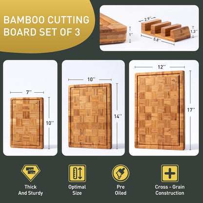 Skiennix Heavy Duty Bamboo Cutting Board Set - Non-Toxic, Extra Large, Solid End Grain Design | Ideal Kitchen Gift